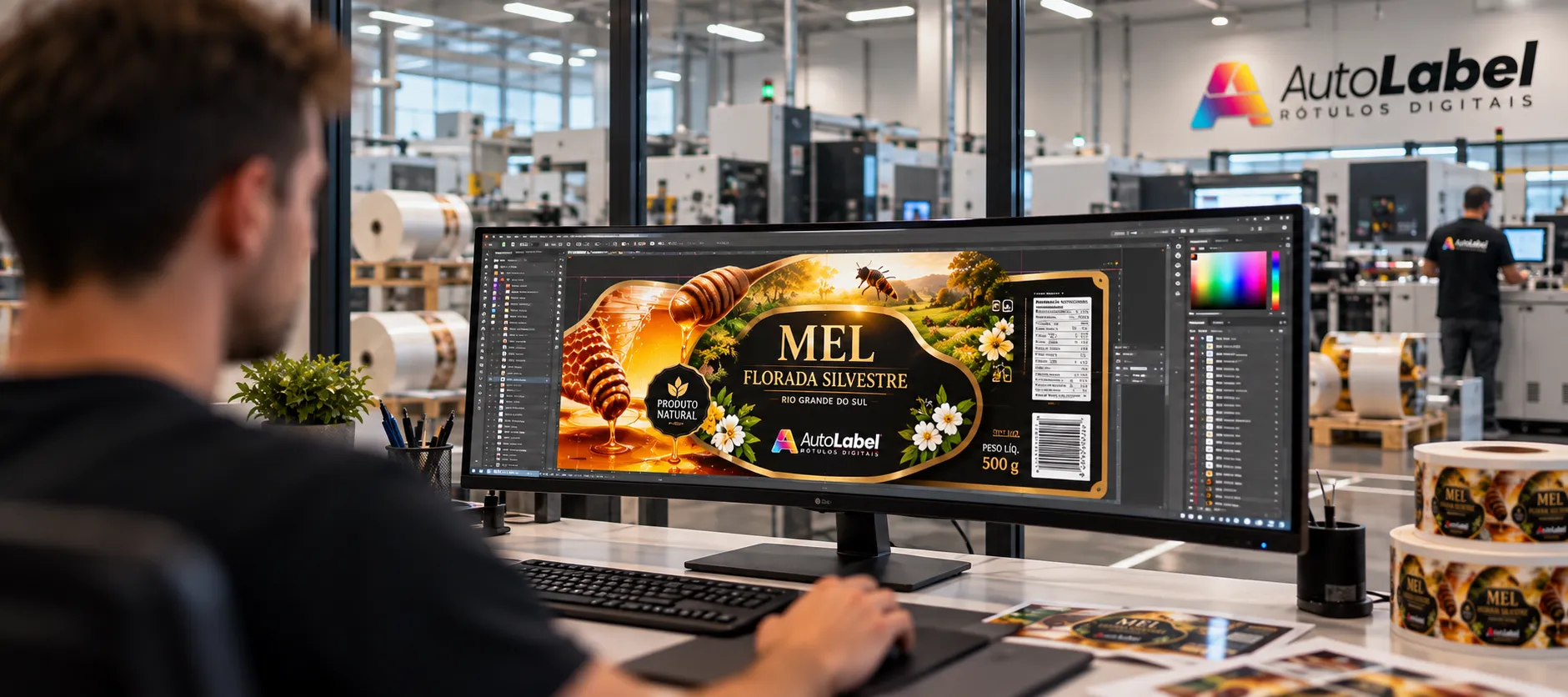Fluxo de compra digital da indústria de rótulos AutoLabel, do orçamento online à aprovação de arte e acompanhamento de pedido em tela de computador, paleta azul-petróleo, fotografia profissional de ambiente corporativo