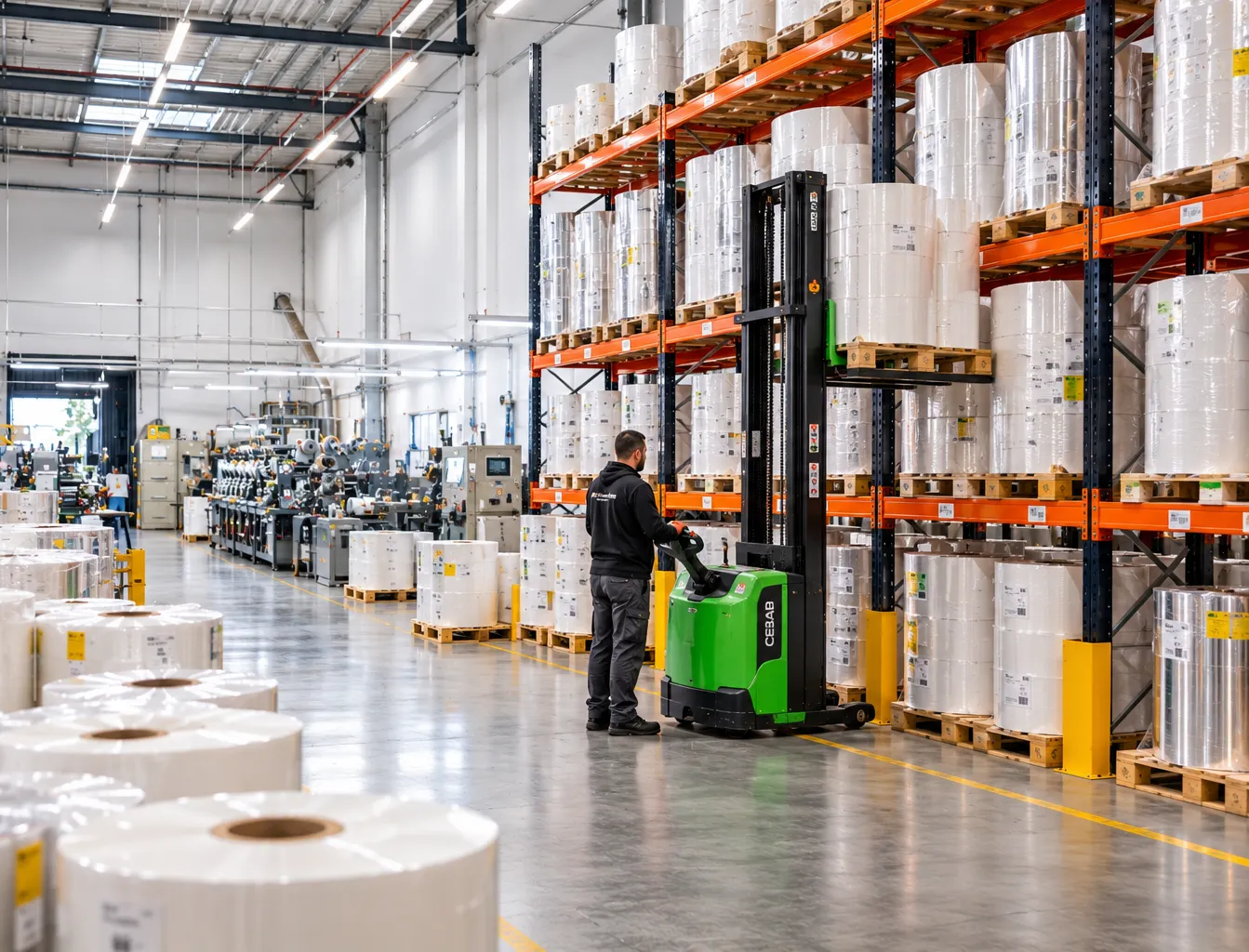 Operador com empilhadeira elétrica verde manuseando bobinas de rótulos em estrutura de estoque industrial com prateleiras altas, paleta laranja e cinza, fotografia realista de logística interna de fábrica