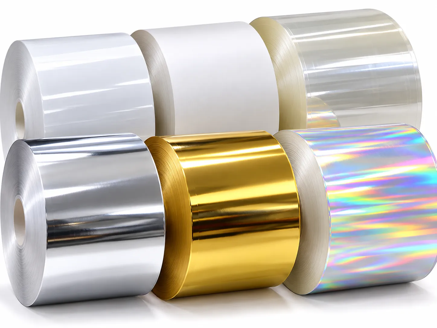 Rolos de diferentes materiais de rótulos adesivos, incluindo BOPP branco, transparente, metalizado dourado, prateado e holográfico, composição em fundo claro, fotografia de produto profissional
