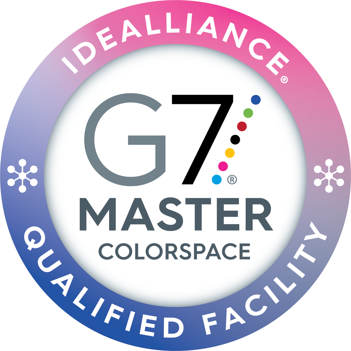 Selo de certificação Idealliance G7 Master Colorspace, indicando qualidade de cor certificada em processos de impressão